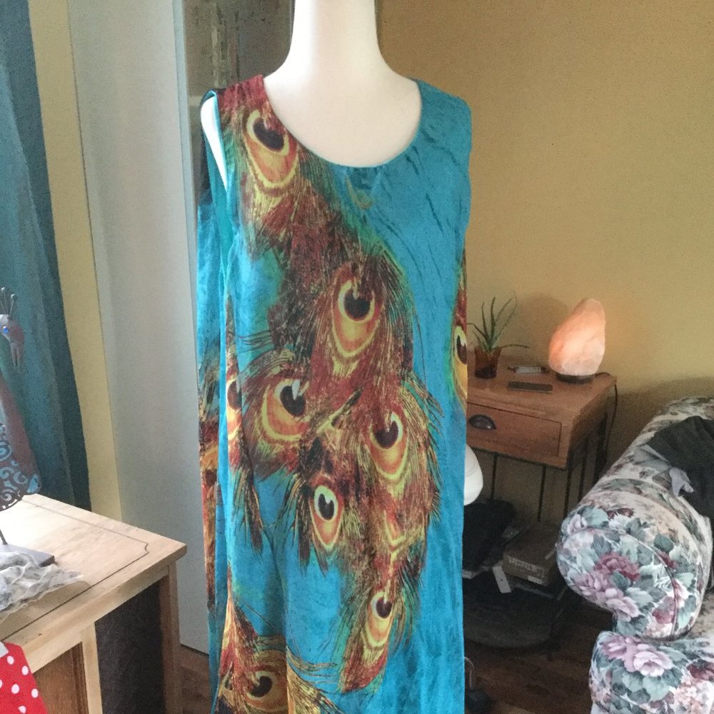 Maxi dress peacock blue and greens with gold size US 14